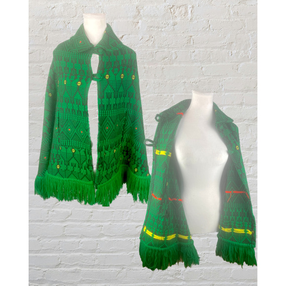 Vintage Jackets & Blazers - Vintage 60s 70s Hippy Green Black Aztec Fringed Poncho